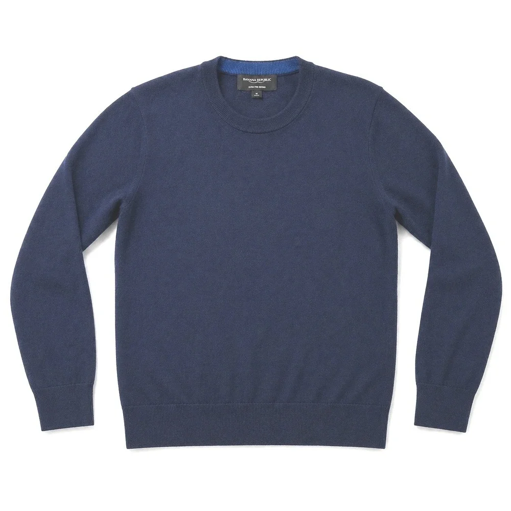 Banana Republic Mens Italian Merino Wool Crewneck Sweater Preppy Navy Blue L‎